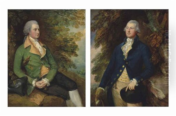 Portrait Of Thomas Brooke (?1755-1820), Three-quarter-length, In A Green Frock Coat, Resting By A Tree In Wooded Landscape; And Portrait Of Sir Richard Brooke, 5th Bt. (1753-1795), Three-quarter-length, In A Yellow Striped Waistcoat And Blue Frock Coat, I - view 1