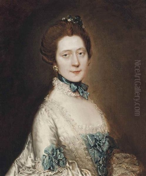 Portrait Of Lady Anne Furye, Nee Greenly (b. 1738), Half-length, In A White Satin Sack-back Dress With Blue Echelles<br/>, Wearing A Blue Ribbon And Lace Choker, With Crystal Earrings And Pompom Flowers In Her Hair - view 1