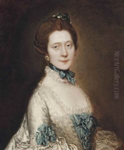 Portrait Of Lady Anne Furye, Nee Greenly (b. 1738), Half-length, In A White Satin Sack-back Dress With Blue Echelles<br/>, Wearing A Blue Ribbon And Lace Choker, With Crystal Earrings And Pompom Flowers In Her Hair