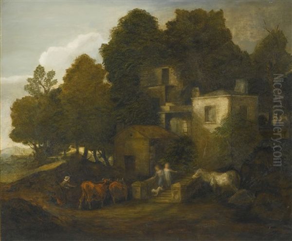 Wooded Landscape With Children Descending The Steps Of A Mansion - view 1