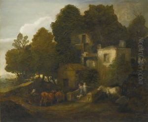 Wooded Landscape With Children Descending The Steps Of A Mansion by Thomas Gainsborough