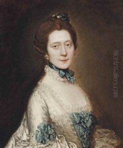 Portrait Of Lady Anne Furye, Nee Greenly (b. 1738), Half-length, In A White Satin Sack-back Dress With Blue Echelles, Wearing A Blue Ribbon And Lace Choker, With Crystal Earrings And Pompom Flowers In Her Hair