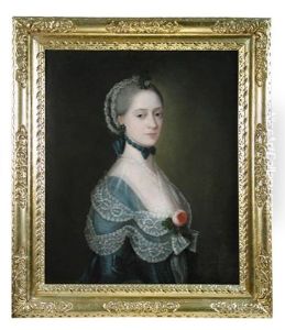 Portrait Presumed To Be Of Ann Anstey (died 1812) Half Length In Blue With Lace Trimmings, A Rose On Her Breast