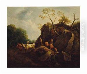 A Drover And His Cattle With A Travel On Horseback On A Path by Thomas Gainsborough