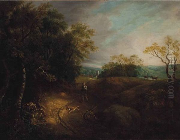 A Wooded Landscape With A Peasant And Dog, A Village Beyond - view 1