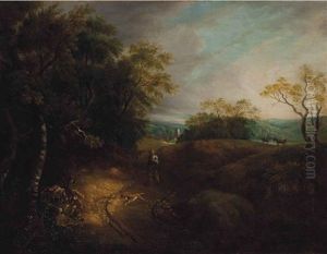 A Wooded Landscape With A Peasant And Dog, A Village Beyond by Thomas Gainsborough