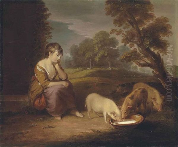 A Girl Feeding Pigs In A Wooded Landscape - view 1