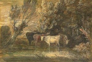 A Wooded Landscape With Cattle At A Watering Place by Thomas Gainsborough