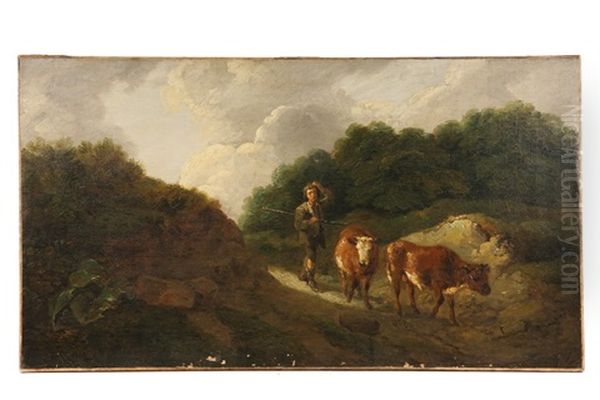 Boy Herding Two Cows Through Notch - view 1