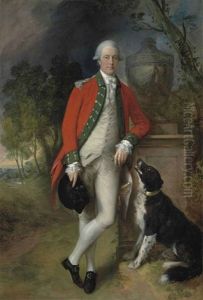 Portrait Of Colonel John Bullock Dressed In Military Uniform In A Landscape, With A Dog At His Feet by Thomas Gainsborough