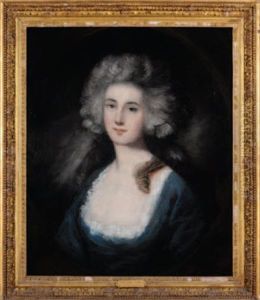 Portrait Of A Lady (mary Isabella, 4th Dutchess Of Rutland?) Wearing A Blue Dress Trimmed With White Lace