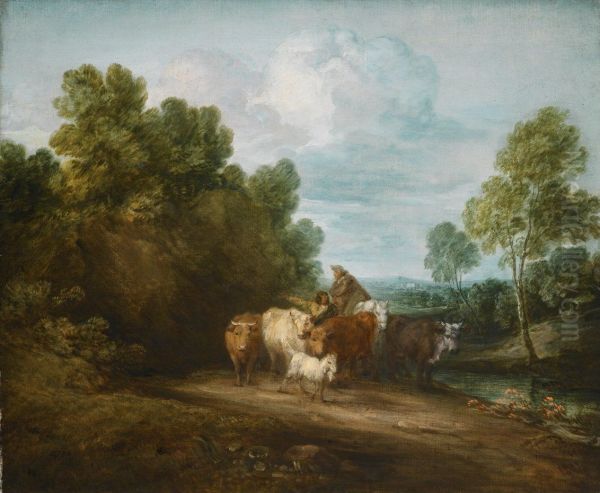Wooded Rocky Landscape With Mounted Peasant, Drover And Cattle, And Distant Building - view 1