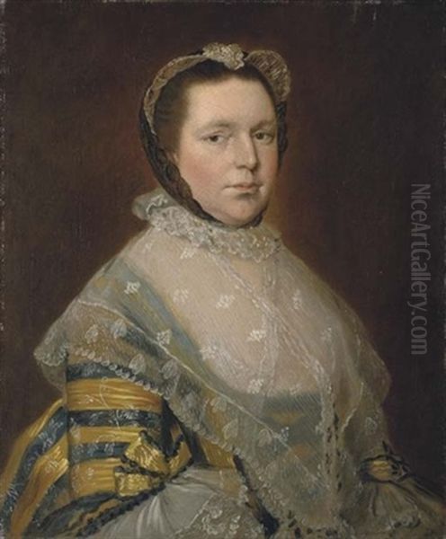 Portrait Of Mrs Thomas Prowse In A Blue And Gold Dress Trimmed With Lace And Ribbons - view 1