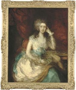 Portrait Of The Hon. Mrs Watson, Later Lady Sondes, Three-quarter-length, Seated In A Pink Dress With Blue Sash, A Draped Curtain Beyond by Thomas Gainsborough