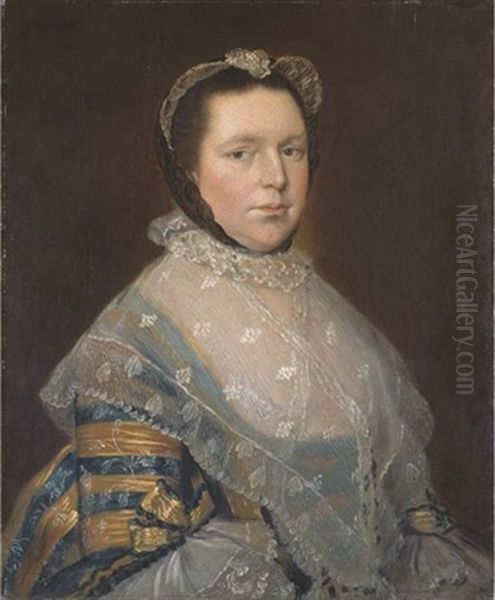Portrait Of Mrs Thomas Prowse, Half-length, In A Blue And Gold Dress Trimmed With Lace And Ribbons - view 1
