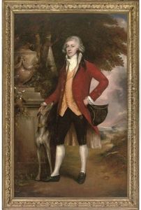 Portrait Of A Gentleman In A Red Coat, Holding A Tricorn Hat In His Left Hand, A Dog Beside Him by Thomas Gainsborough