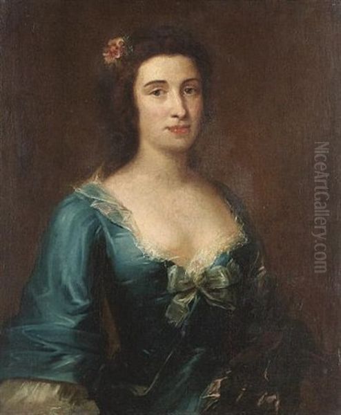 Portrait Of A Lady In A Blue, Lace-trimmed Dress And Flowers In Her Hair - view 1