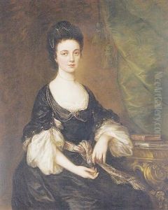 Portrait Of Mrs. Unwin In A Dark Dress With Pearls, Seated By A Table With Books, Beside A Green Curtain, In An Interior