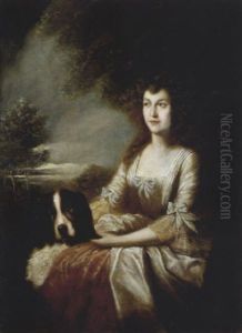 Bildnis Einer Dame Mit Ihrem Hund In Einer Abendlichen Landschaft