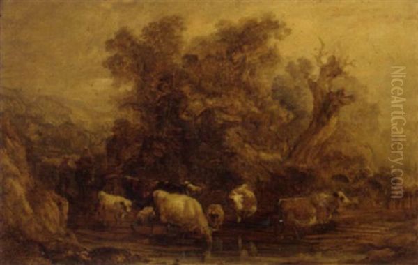 Drovers With Cattle At A Ford - view 1