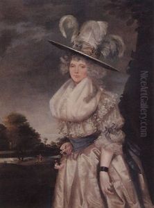 Portrait Of A Lady Standing In A Landscape, Wearing A White Dress With A White Hat Decorated With Feathers, And A Blue Sash