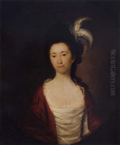 Portrait Of A Lady In A White Dress With A Red Shawl, Feathers In Her Hair - view 1