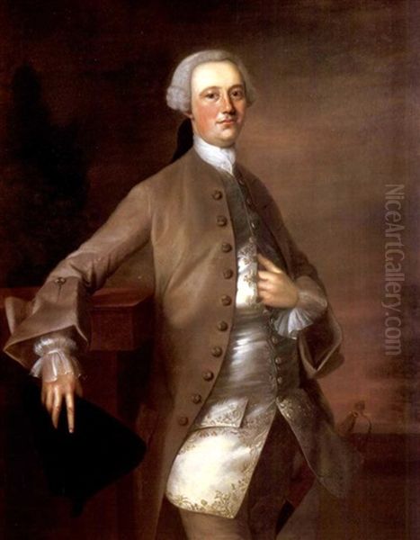 Portrait Of David Garrick Wearing An Embroidered Waistcoat And Brown Coat, Holding A Tricorn Hat, Leaning Against A Stone Balustrade - view 1