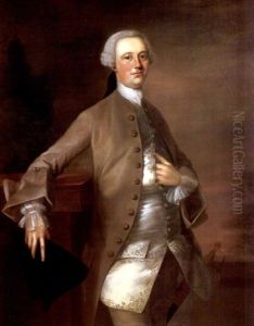 Portrait Of David Garrick Wearing An Embroidered Waistcoat And Brown Coat, Holding A Tricorn Hat, Leaning Against A Stone Balustrade by Thomas Gainsborough