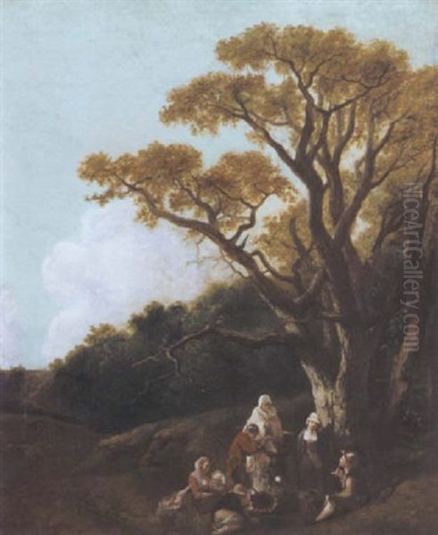 Wooded Landscape With Pheasants And Donkey Round A Fire, Figures And Distant Church - view 1