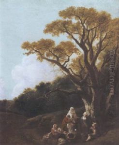 Wooded Landscape With Pheasants And Donkey Round A Fire, Figures And Distant Church by Thomas Gainsborough