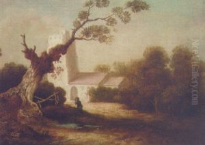 A Figure By A Tree Before A Church In A Wooded Landscape by Thomas Gainsborough