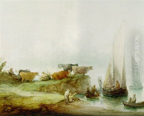 A Coastal Landscape With Figures In Boats, Peasants, Milkmaids And Cattle On The Shore - view 1