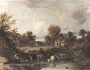 A River Landscape With Children, Cows And A Mill by Thomas Gainsborough