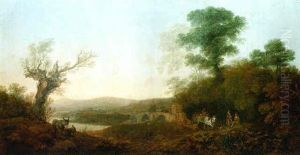 A River Landscape With Travellers Resting On The Edge Of A Wood, A Horse-drawn Cart Before A Bridge And Donkeys On A Bank by Thomas Gainsborough