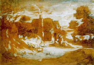 A Landscape With Figures, Sheep And Cattle Outside A Cottage by Thomas Gainsborough