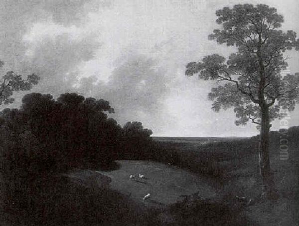 Wooded Landscape With A Reclining Shepherd And Scattered Sheep Near A Cottage - view 1