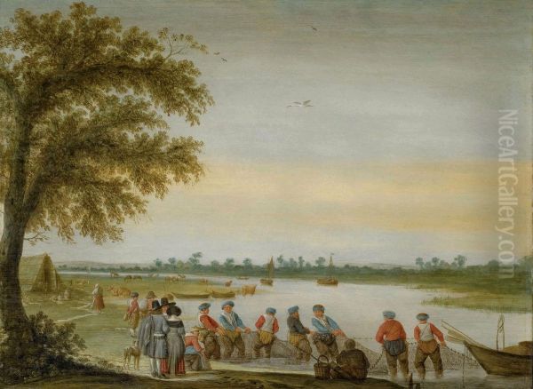 Pecheurs Tirant Leurs Filets Au Bord D'une Riviere Signe 'avercamp' - view 1