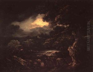 A Woody Landscape Near Bath With Two Peasants And A Cart On A Road by Thomas Gainsborough