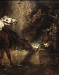 Rocky Wooded Landscape With Mounted Drover, Horses Watering At A Trough And Distant Village And Mountains by Thomas Gainsborough