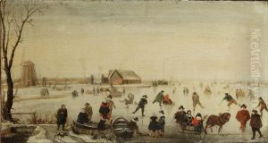 A Winter Landscape With Skaters On A Frozen River by Hendrick Avercamp