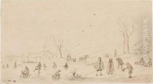 Schlittschuhlaufende Kinder, Im Hintergrund Fuhrwerk, Hauser Und Baume by Hendrick Avercamp