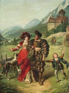Motiv Aus Der Sagenwelt. Junges Paar In Historischen Kostumen Vor Einer Mittelalterlichen Burg Wohl In Tirol