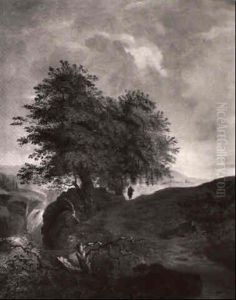 Einsamer Wanderer In Weiter Landschaft Oberhalb Eines Wasserfalls Einsamer Wanderer In Weiter Landschaft Oberhalb Eines Wasserfalls