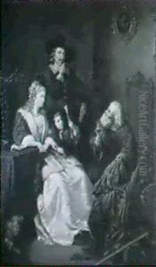 Feinster Stoff! Der Tuchhandler Fuhrt Einer Vornehmen Familie Seine Waren Vor by Jakob Emanuel Gaisser