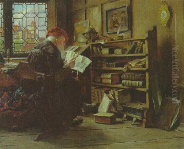 Ein Gelehrter Des 16. Jahrhunderts Studiert Am Schreibtisch Vor Dem Fenster Mit Der Lupe Ein Schriftstuck - view 1