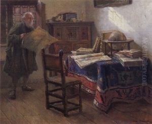 Ein Geograph In Seiner Studierstube Beim Studium Einer Alten Landkarte
