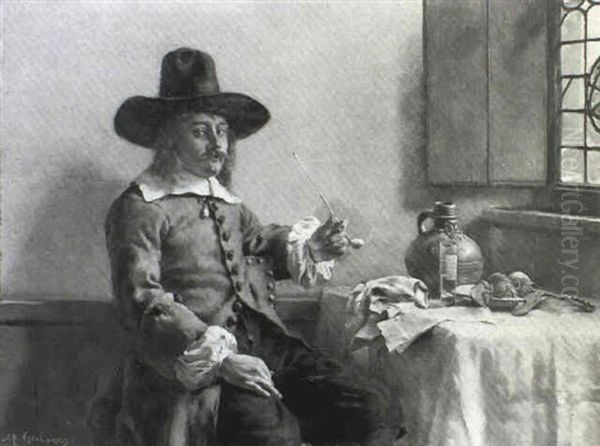 Figure Seated At A Table Smoking A Pipe - view 1