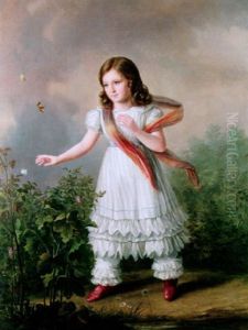 Fillette Cherchant A Saisir Un Papillon Pose Sur Un Rosier by Gustav de Galard