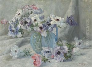 Stillleben Mit Anemonen In Blauem Glaskrug
