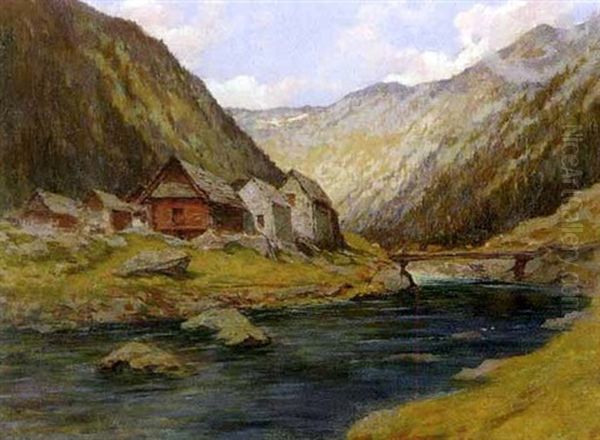 Gebirgslandschaft Mit Bach Und Hausergruppe - view 1